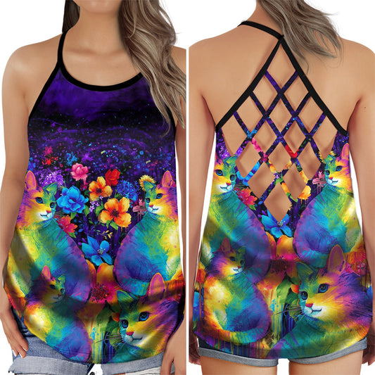 Cat Colorful Flower Summer Hollow Tank Top For Yoga Practice And Summer Outings