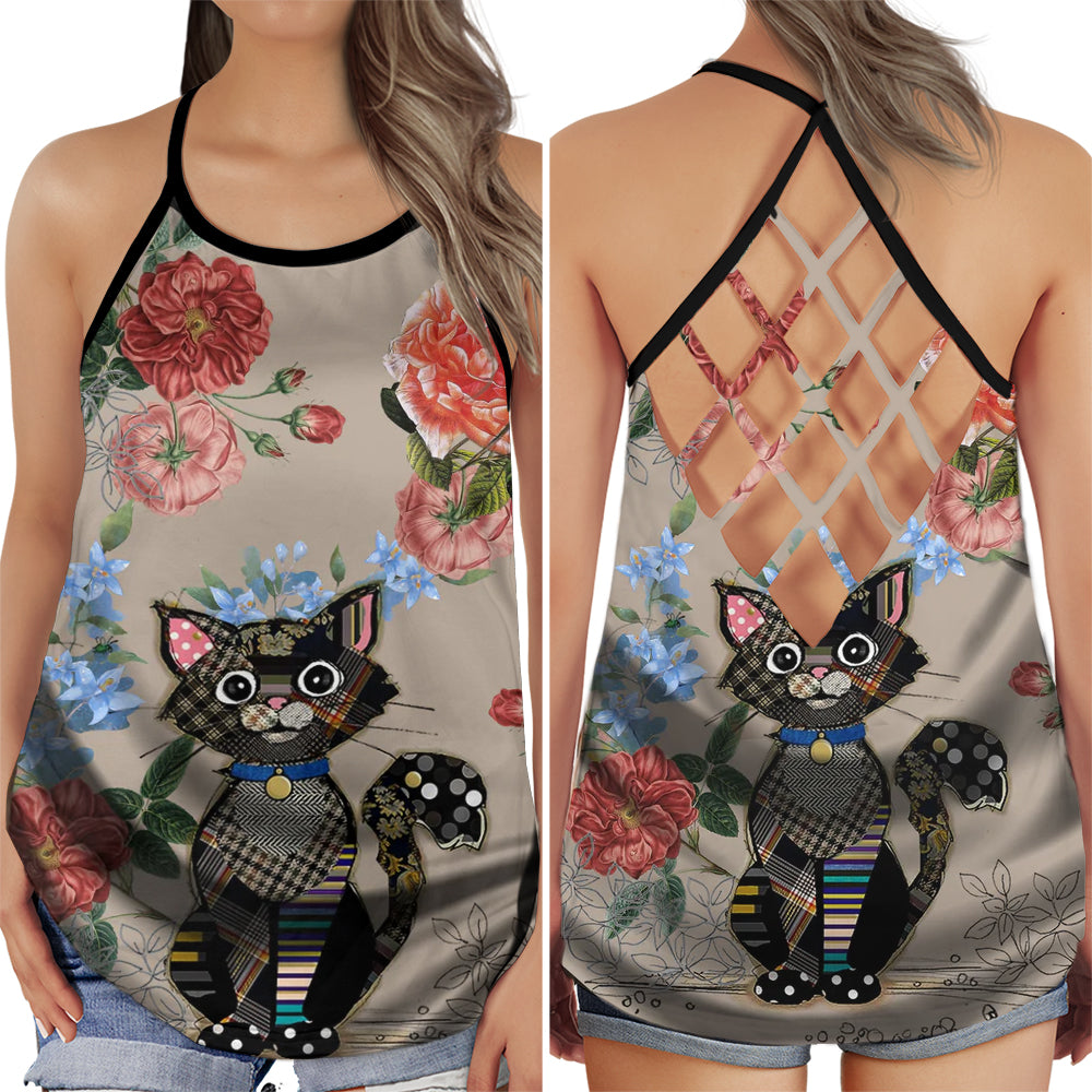 Cat Peaceful Summer Floral Hollow Tank Top For Yoga Practice And Summer Outings