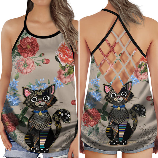 Cat Peaceful Summer Floral Hollow Tank Top For Yoga Practice And Summer Outings