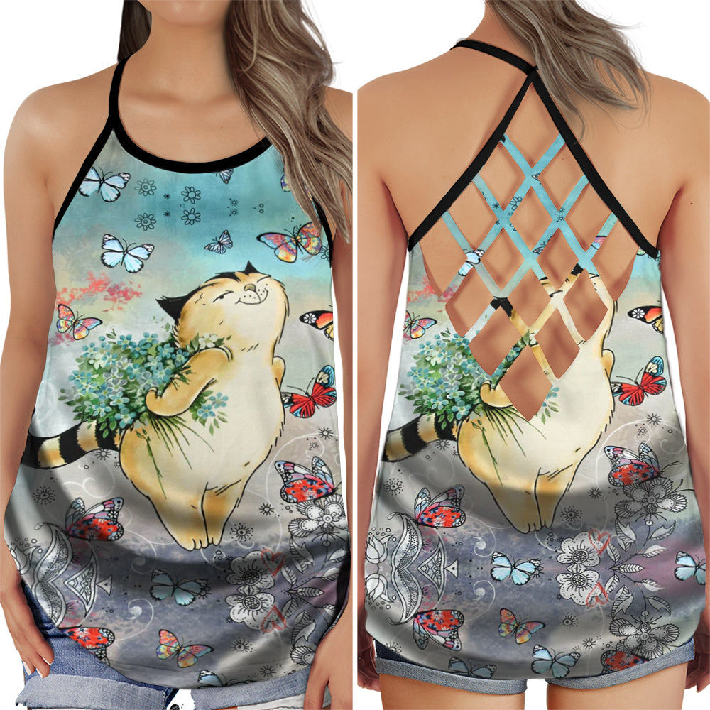 Cat Peaceful Summer Butterfly Hollow Tank Top For Yoga Practice And Summer Outings