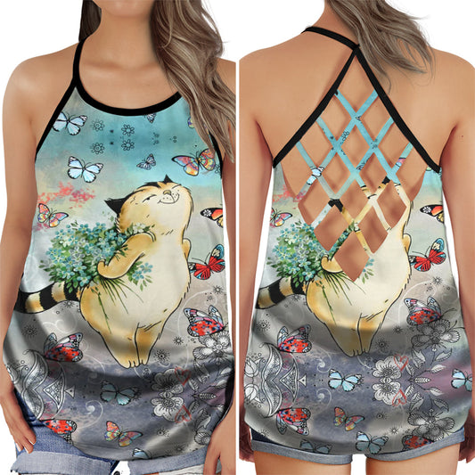 Cat Peaceful Summer Butterfly Hollow Tank Top For Yoga Practice And Summer Outings