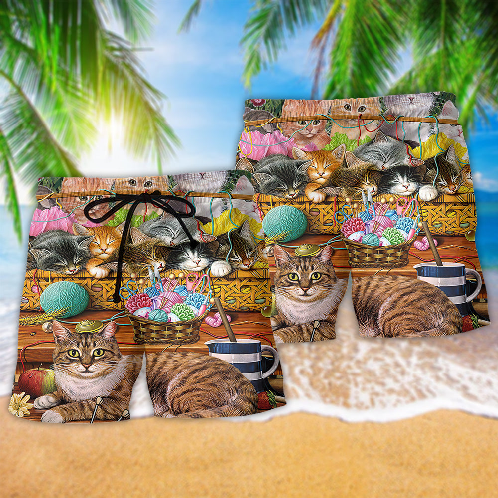 Cat Yarn Play Cute Beach Shorts Pattern Detail For Cruise Vacations And Bright Summer Outfits