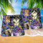 Cat Lovely And Flowers Purple Hawaiian Print Beach Shorts For Sunny Holidays And Outdoor Wear