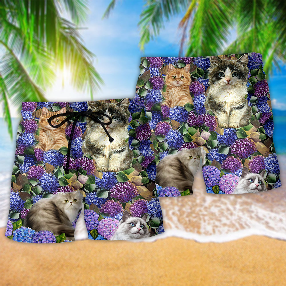 Cat Lovely And Flowers Purple Hawaiian Print Beach Shorts For Sunny Holidays And Outdoor Wear