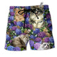 Cat Lovely And Flowers Purple Hawaiian Print Beach Shorts For Coastal Summer Adventures
