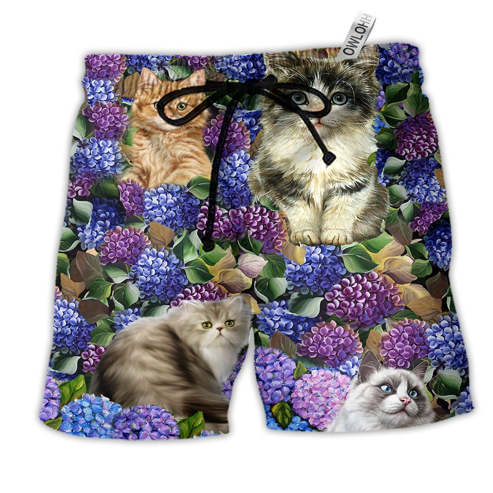 Cat Lovely And Flowers Purple Hawaiian Print Beach Shorts For Coastal Summer Adventures