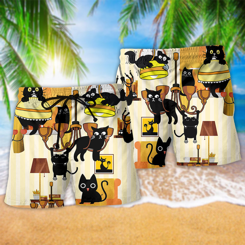 Cat Loves Dinner Style Hawaiian Print Beach Shorts For Beach Days And Casual Travel