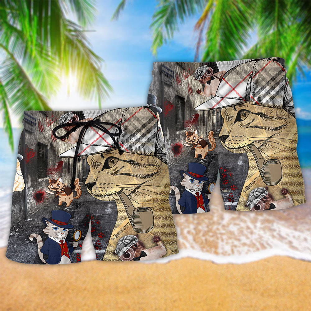Detective Cat Beach Shorts Pattern Detail For Seaside Leisure And Leisure And Relaxation