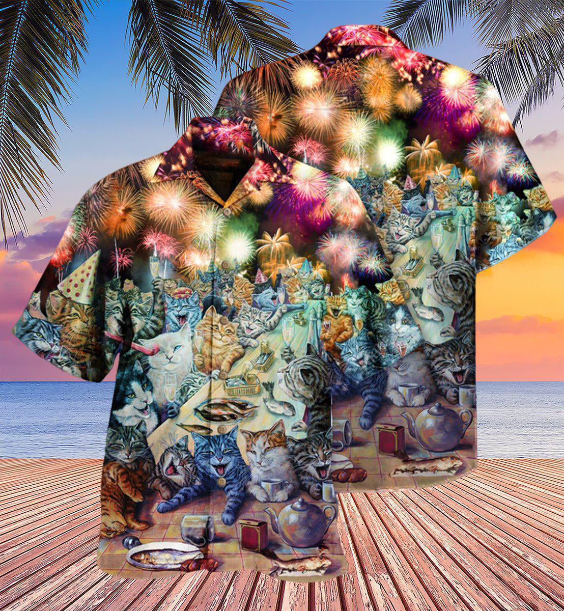 Cat New Years Party Cats Hawaiian Shirt For Resort Getaways And Comfortable Summer Activities