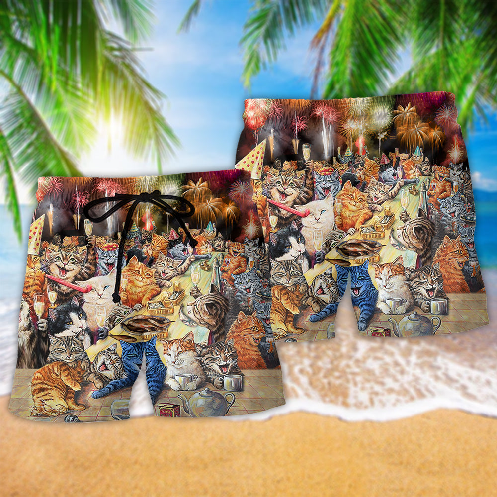 Cat Year Fireworks Beach Shorts Pattern Detail For Warm Weather Comfort And Flexible Everyday Wear