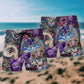 Psychedelic Purple Cat Beach Shorts Pattern Detail For Summer Adventures And Easygoing Coastal Style