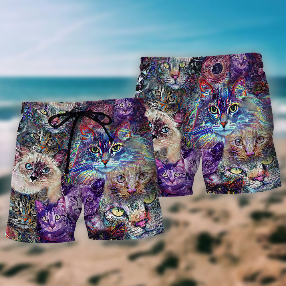 Psychedelic Purple Cat Beach Shorts Pattern Detail For Summer Adventures And Easygoing Coastal Style