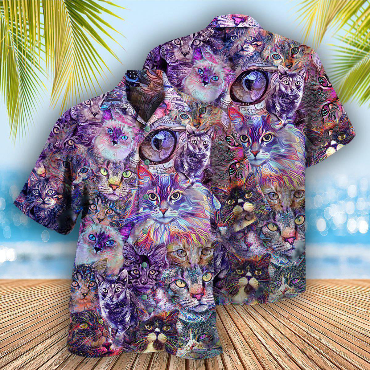 Purple Cat Psychedelic Hawaiian Shirt Artwork Detail For Tropical Trips And Casual Outings
