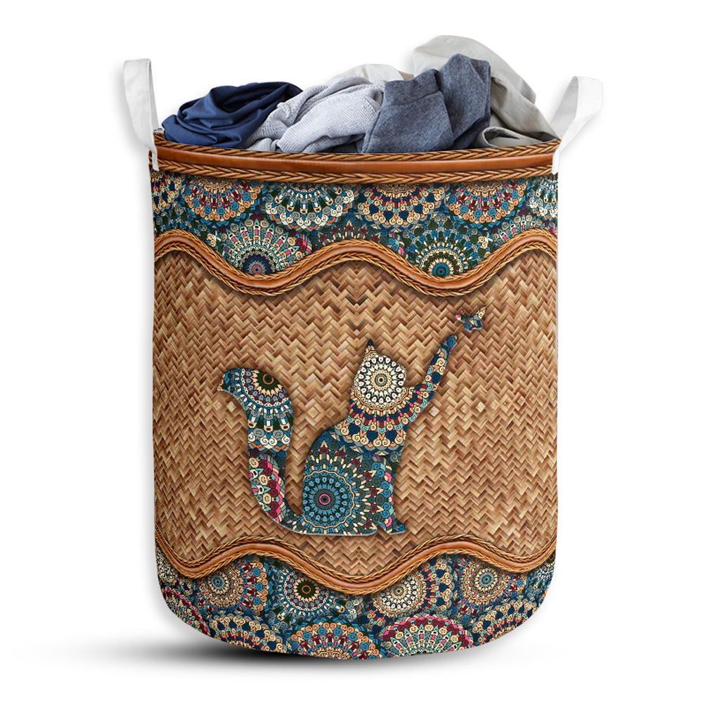 Small Size Cat Rattan Mandala Style Laundry Basket For Bathroom Bedroom Storage