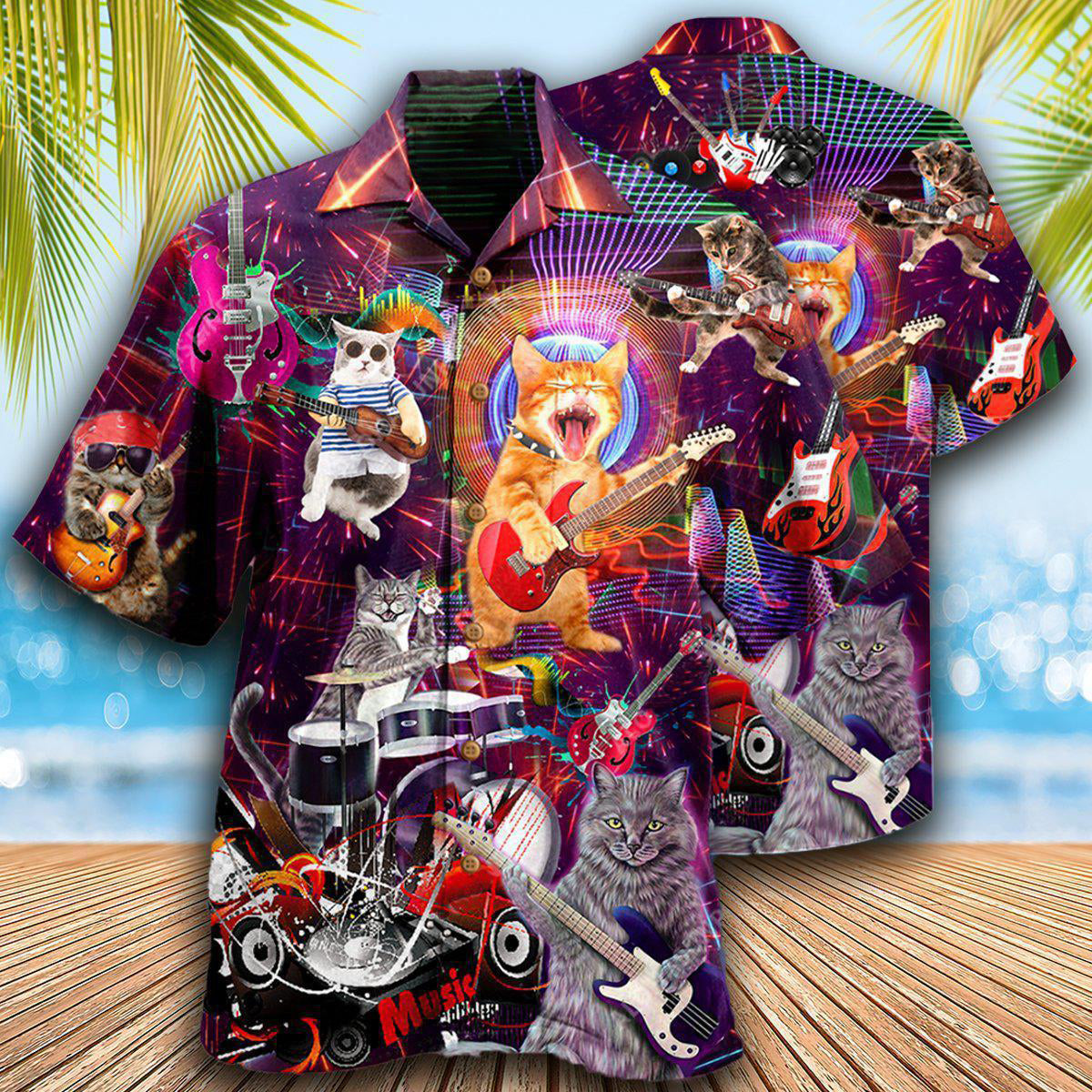 Funny Cat Rocker Hawaiian Shirt Pattern View For Relaxed Warm Weather Outfits