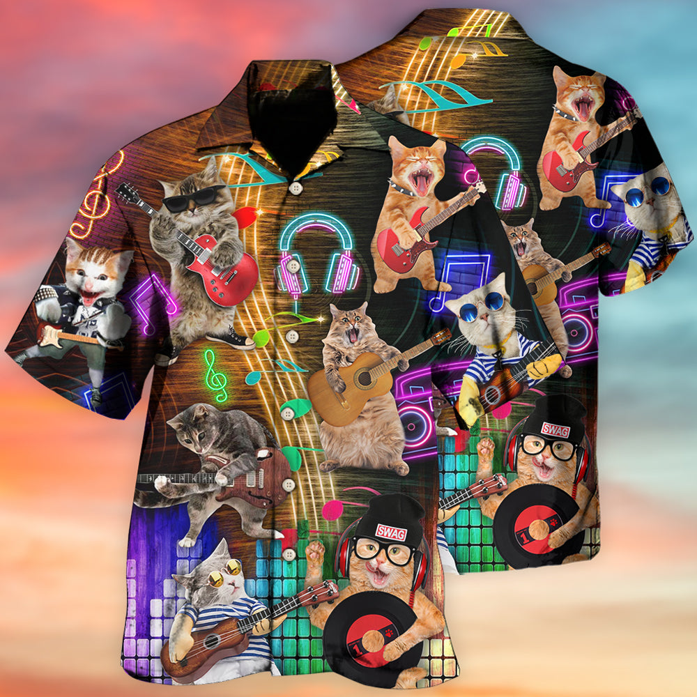 Rocker Cat Music Hawaiian Shirt For Island Vacations, Resort Wear, And Relaxed Seasonal Style