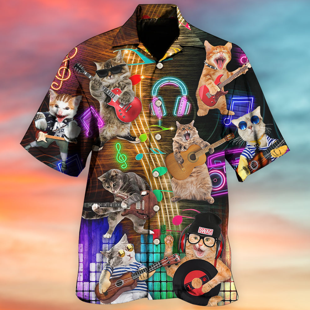 Rocker Cat Music Hawaiian Shirt For Island Vacations, Resort Wear, And Relaxed Seasonal Style