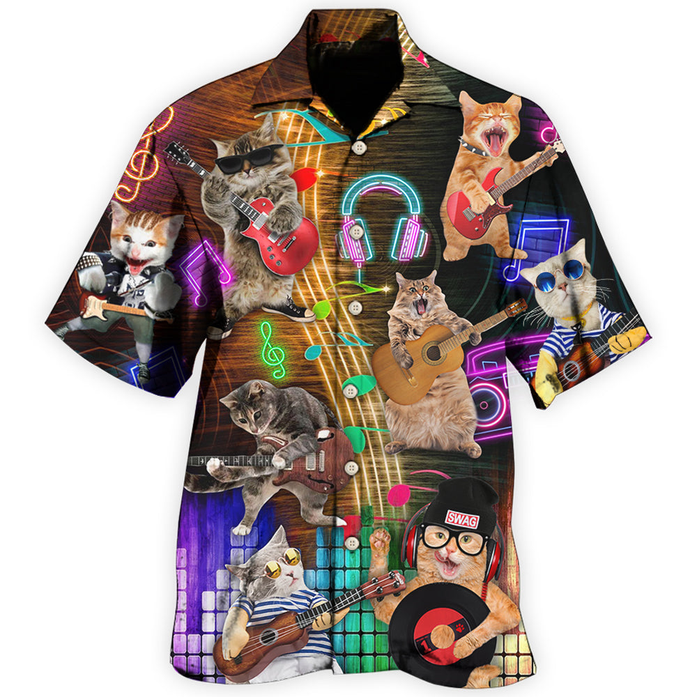 Rocker Cat Music Hawaiian Shirt For Island Vacations, Resort Wear, And Relaxed Seasonal Style