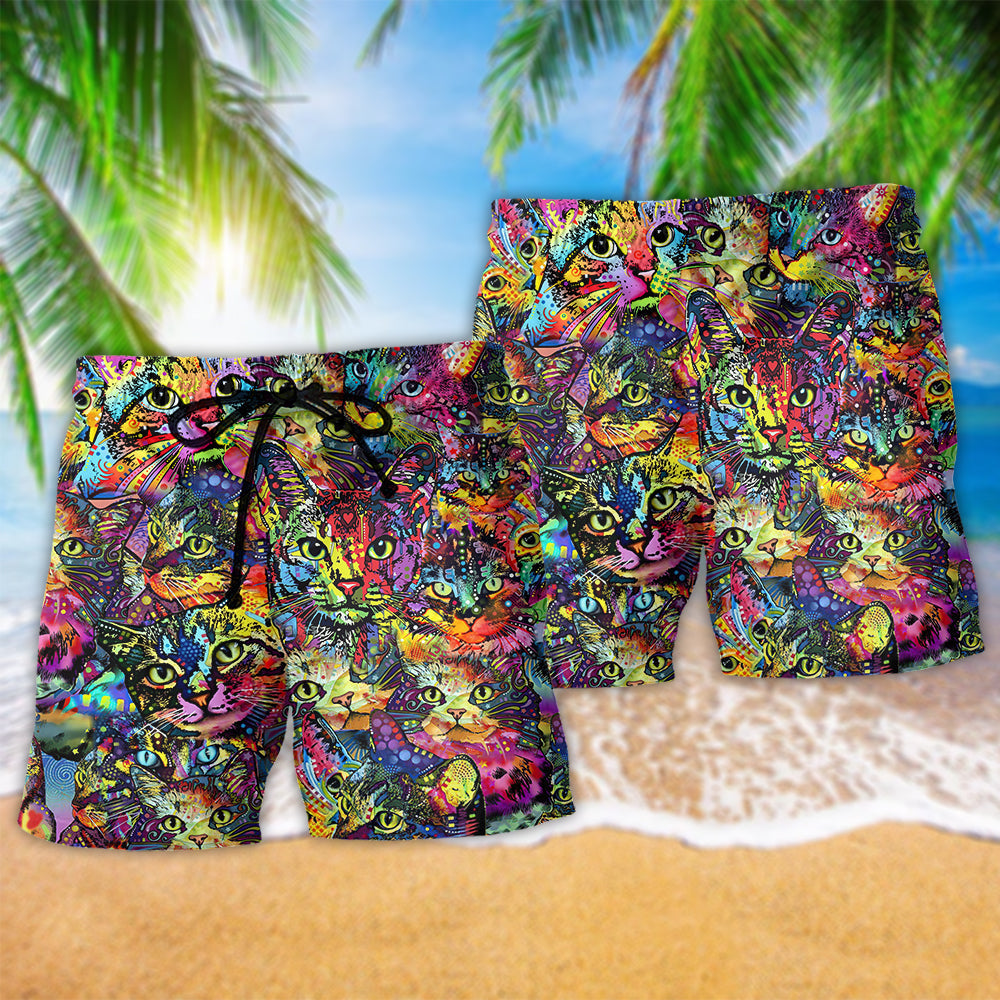 Cat Smile Colorful Cats Hawaiian Print Beach Shorts For Beach Days And Casual Travel