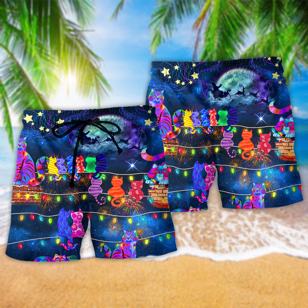 Christmas Cat Rooftop Beach Shorts Pattern Detail For Seaside Leisure And Leisure And Relaxation