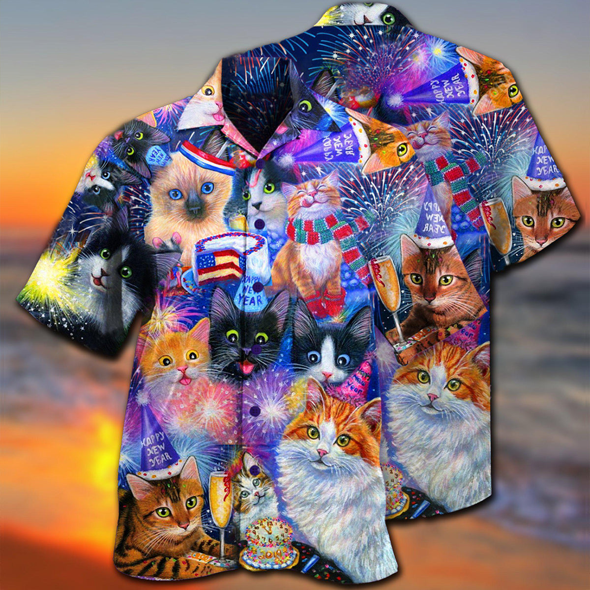 Happy Cat Wishing New Year Hawaiian Shirt For Coastal Adventures And Warm Weather Wear