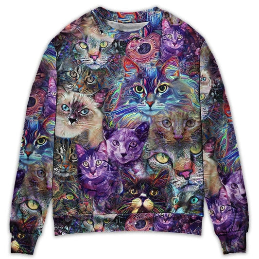 Cat Purple Trippy Sweater For Bohemian Style Festivals Travel And Casual Everyday Wear
