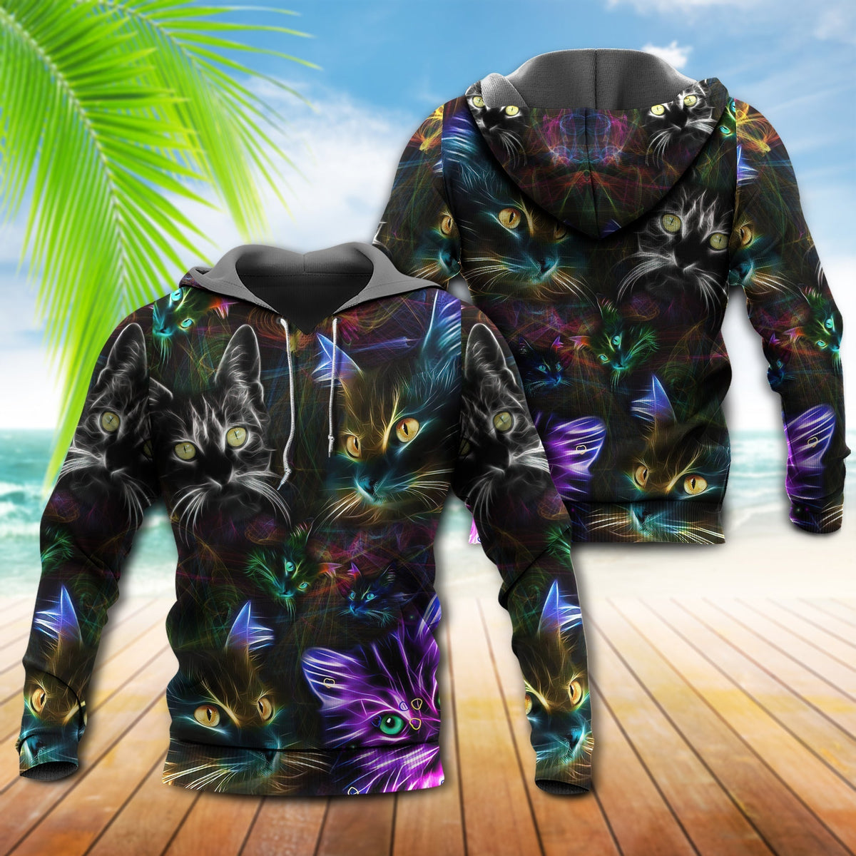Neon Cat Glow Hoodie For Wildlife Themes Travel Days And Comfortable Casual Style