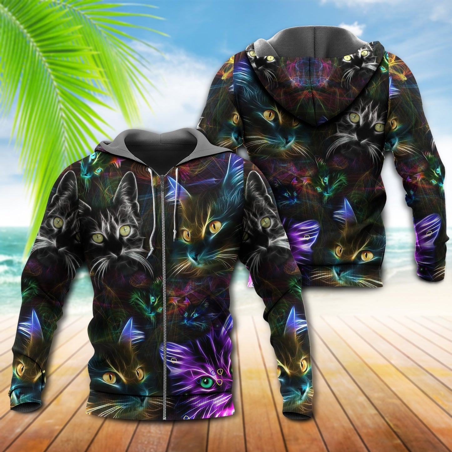 Neon Cat Glow Hoodie For Wildlife Themes Travel Days And Comfortable Casual Style