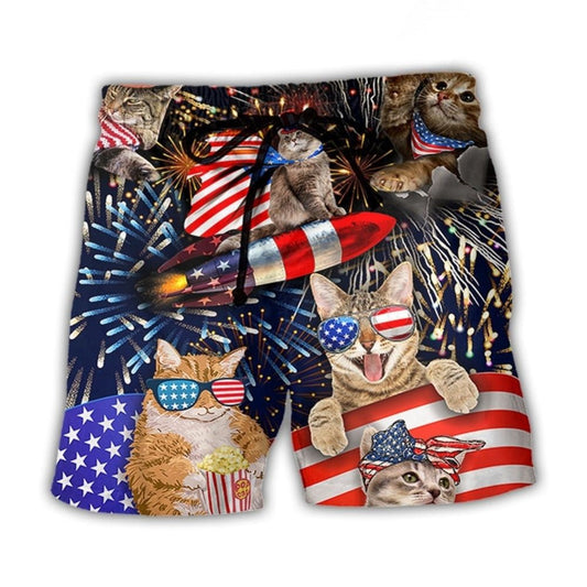 Cat USA Independence Day Fireworks Beach Shorts Design View For Comfortable Resort And Beach Styling