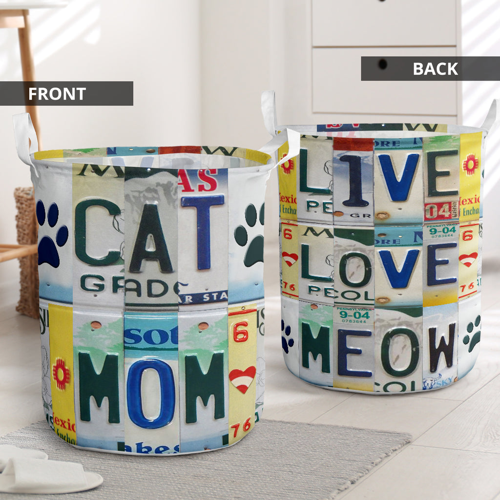Cat Mom Live Love License Plate Laundry Basket For Nursery Dorm And Home Storage