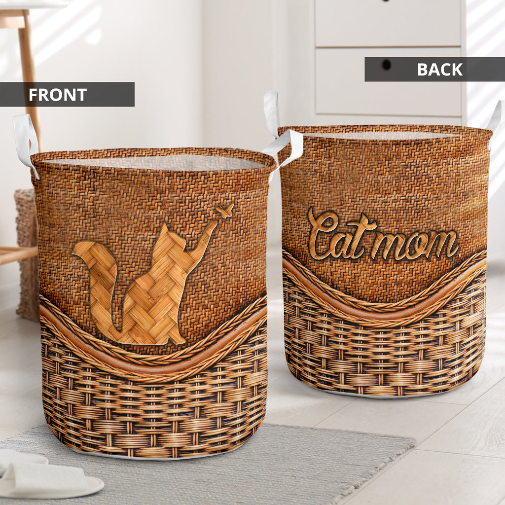 Cat Mom Rattan Texture Laundry Basket For Nursery Dorm And Home Storage