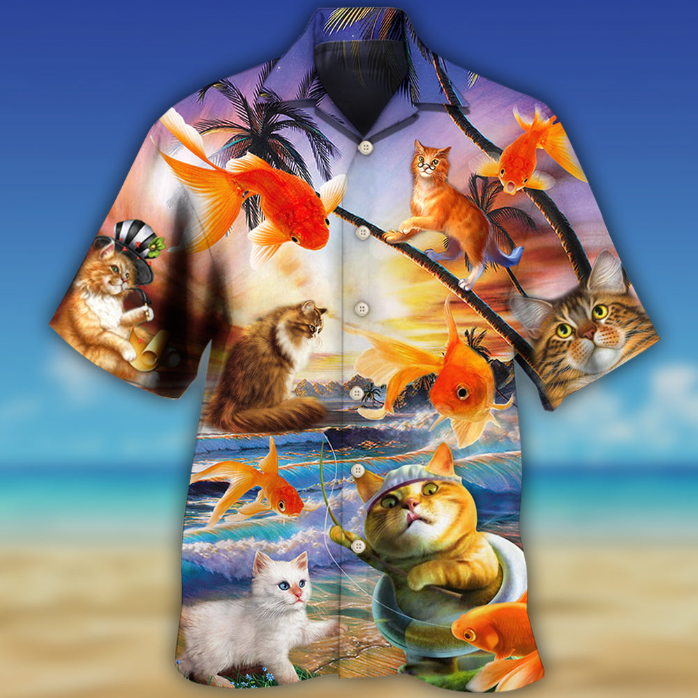 Cat Catchs Fish Hawaiian Shirt Design Detail For Beach Days And Holiday Travel
