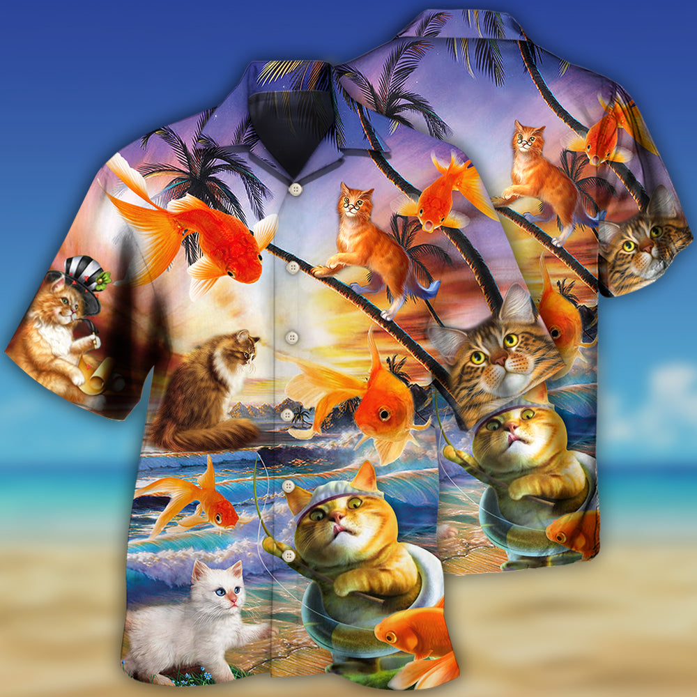 Cat Catchs Fish Hawaiian Shirt For Poolside Relaxation And Sunny Getaways