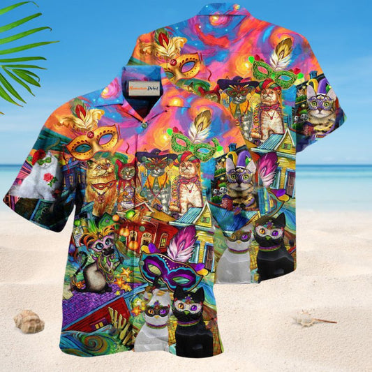 Cats Celebrate Mardi Gras Festival Hawaiian Shirt For Summer Vacation Beach Travel And Relaxed Casual Wear