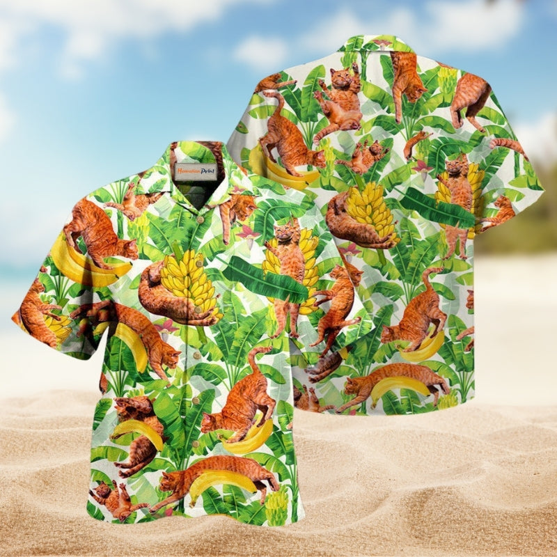 Cats Funny And Jumping Bananas Hawaiian Shirt For Summer Vacation Beach Travel And Relaxed Casual Wear