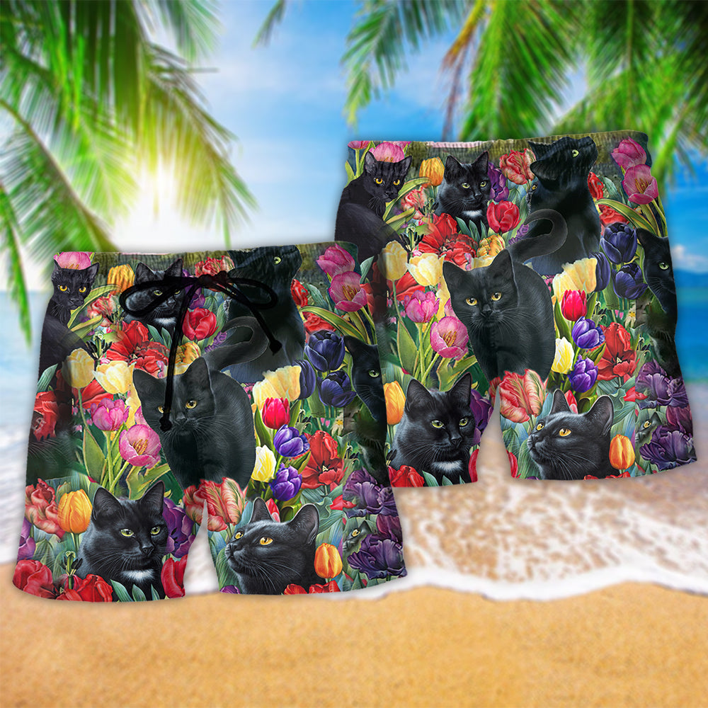 Black Cat Floral Colorful Beach Shorts For Poolside Relaxation And Summer Adventures
