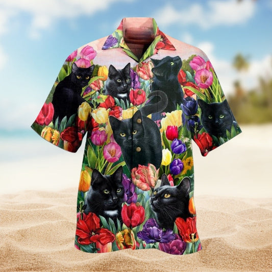 Colorful Floral Cats Hawaiian Shirt For Tropical Holidays, Outdoor Gatherings, And Everyday Comfort