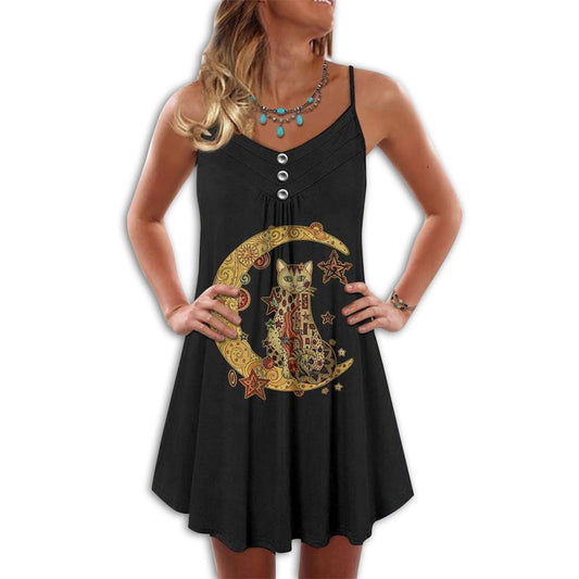 Cat Summer Vibes Moon – Women's Summer Sleeveless V-Neck Camisole Dress