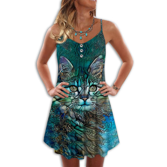 Cool Cat Summer Vibes – Women's Summer Sleeveless V-Neck Camisole Dress