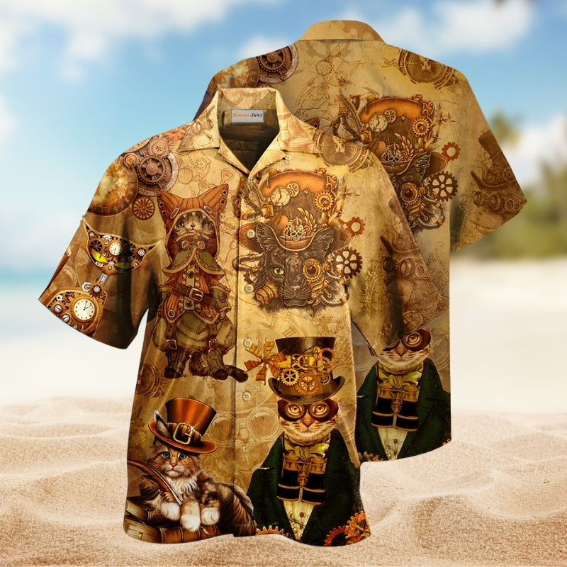 Funny Camping Cat Relaxed Hawaiian Shirt Graphic Artwork Detail For Tropical Vacations