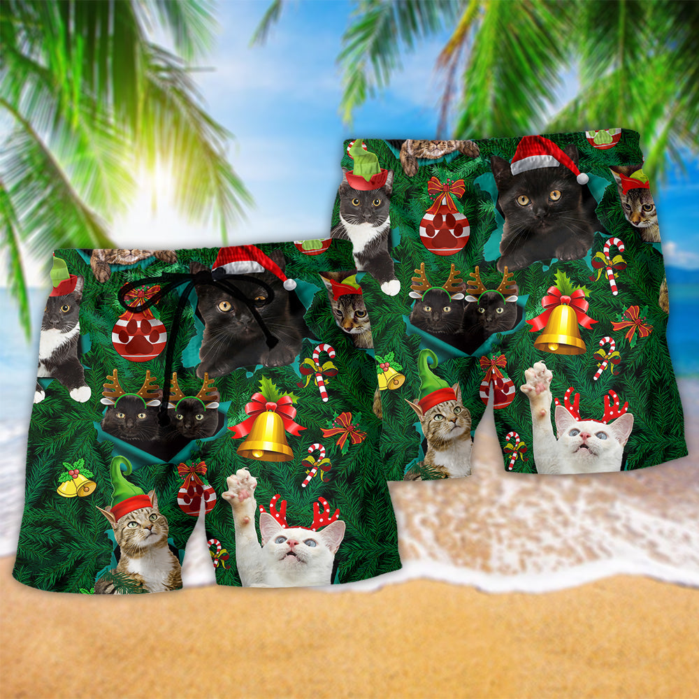 Christmas Colorful Cat Beach Shorts Pattern Detail For Sunny Day Adventures And Versatile Outdoor Wear