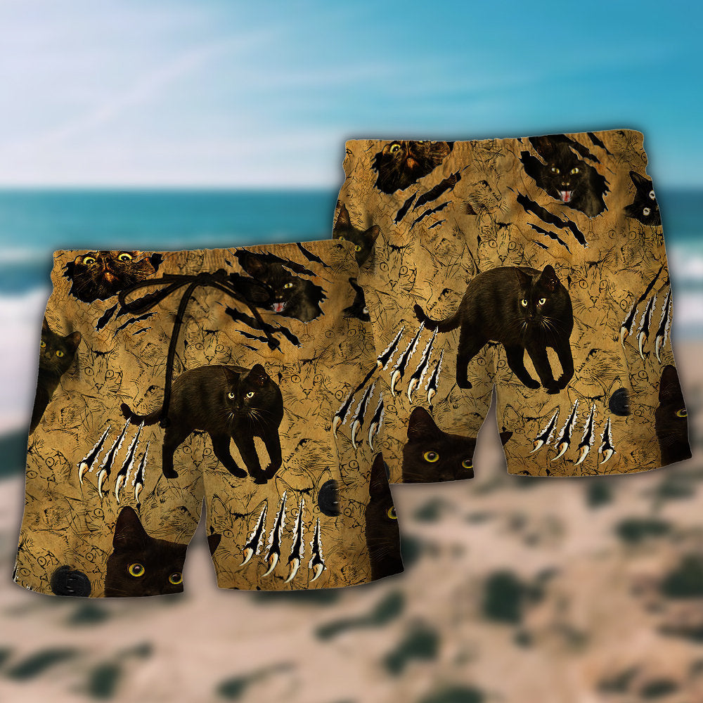 Black Cat Paws Beach Shorts Pattern Detail For Outdoor Activities And Flexible Everyday Wear
