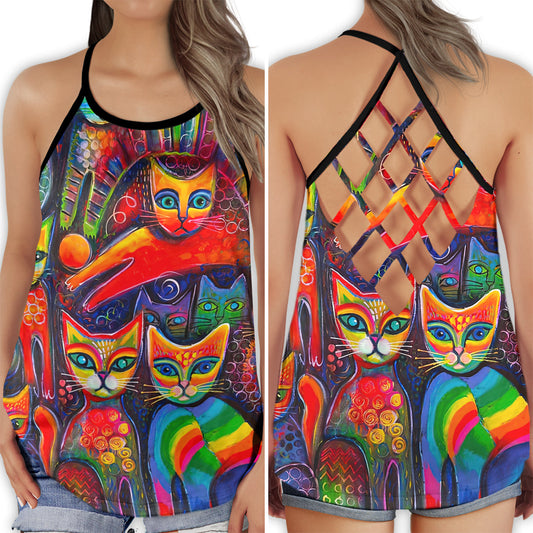 Cat Rainbow Colorful Love Hollow Tank Top For Yoga Workouts And Casual Wear