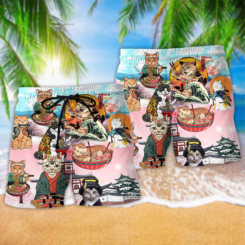 Cat Samurai With Ramen Beach Shorts Pattern View For Weekend Trips And Outdoor Activities