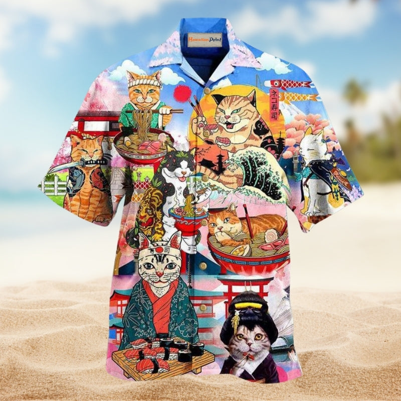 Cats Samurai With Ramen Hawaiian Shirt For Resort Travel Summer Events And Thoughtful Casual Gifting