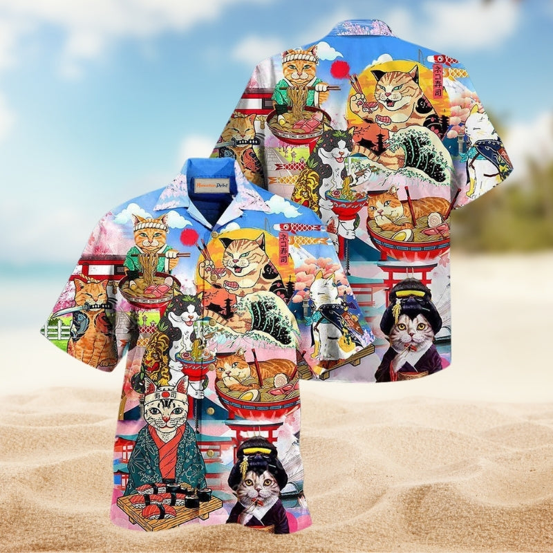 Cats Samurai With Ramen Hawaiian Shirt For Resort Travel Summer Events And Thoughtful Casual Gifting