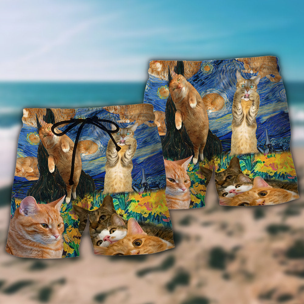 Dreamy Cat Starry Beach Shorts Pattern Detail For Casual Outings And Thoughtful Gift Giving