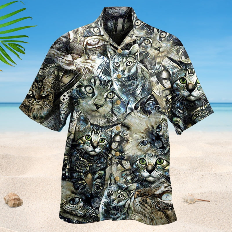 Vintage Floral Cats Neutral Hawaiian Shirt For Animal Lovers, Beach Travel, And Casual Summer Style
