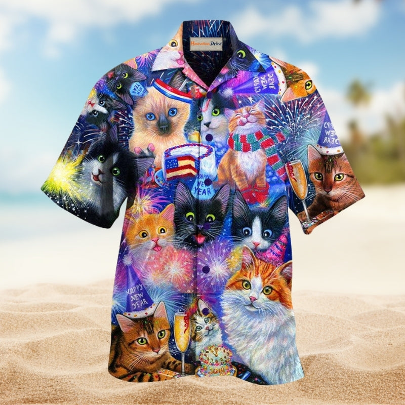 Cats Wish You Happy New Year Hawaiian Shirt For Summer Vacation Beach Travel And Relaxed Casual Wear
