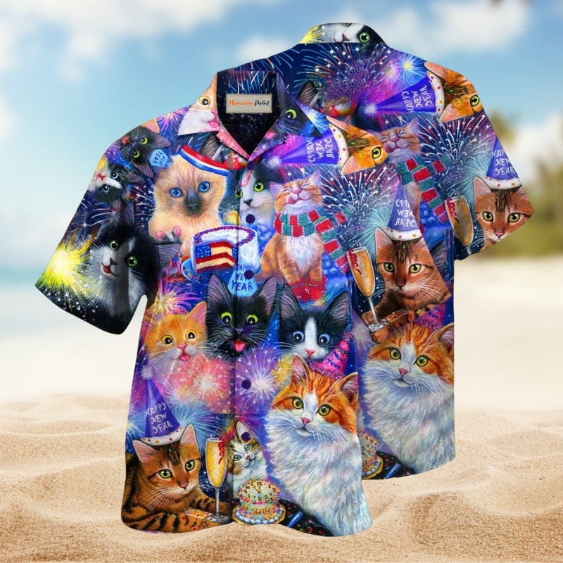 Cats Wish You Happy New Year Hawaiian Shirt For Summer Vacation Beach Travel And Relaxed Casual Wear